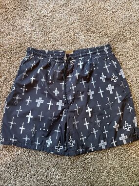 Black Cross-Pattern Men's Swim Trunks with Drawstring Waist